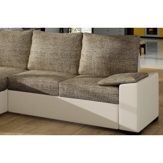 Canapé d'angle convertible - en tissu marron et simili beige, angle gauche (vu de face) - LUCAS