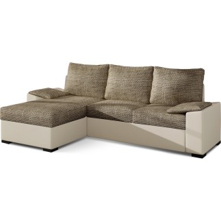 Canapé d'angle convertible - en tissu marron et simili beige, angle gauche (vu de face) - LUCAS