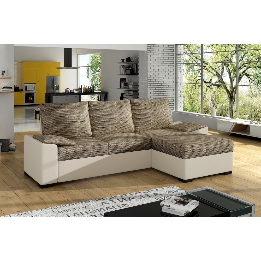Canapé d'angle convertible - en tissu marron et simili beige, angle droit (vu de face) - LUCAS, 4 places