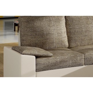 Canapé d'angle convertible - en tissu marron et simili beige, angle droit (vu de face) - LUCAS