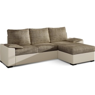 Canapé d'angle convertible - en tissu marron et simili beige, angle droit (vu de face) - LUCAS