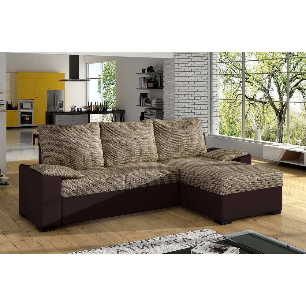 Canapé d'angle convertible - en tissu marron et simili chocolat, angle droit (vu de face) - LUCAS, 4 places