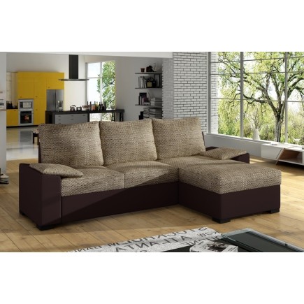 Canapé d'angle convertible - en tissu marron et simili chocolat, angle droit (vu de face) - LUCAS
