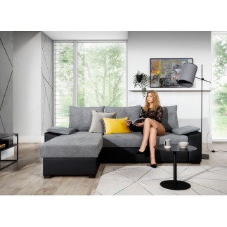 Canapé d'angle convertible, en tissu gris et simili noir - angle gauche (vu de face) - LUCAS
