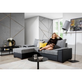 Canapé d'angle convertible, en tissu gris et simili noir - angle gauche (vu de face) - LUCAS, 4 places