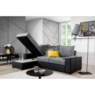 Canapé d'angle convertible, en tissu gris et simili noir - angle gauche (vu de face) - LUCAS