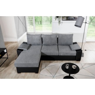 Canapé d'angle convertible, en tissu gris et simili noir - angle gauche (vu de face) - LUCAS