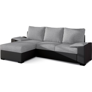 Canapé d'angle convertible, en tissu gris et simili noir - angle gauche (vu de face) - LUCAS
