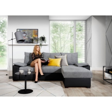 Canapé d'angle convertible, en tissu gris et simili noir, angle droit (vu de face) - LUCAS, 4 places
