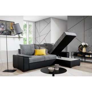 Canapé d'angle convertible, en tissu gris et simili noir, angle droit (vu de face) - LUCAS