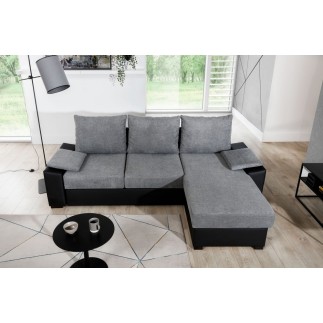 Canapé d'angle convertible, en tissu gris et simili noir, angle droit (vu de face) - LUCAS