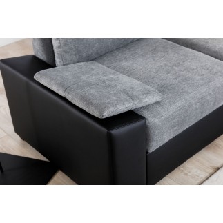Canapé d'angle convertible, en tissu gris et simili noir, angle droit (vu de face) - LUCAS