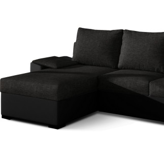 Canapé d'angle convertible, en tissu noir et simili noir - angle gauche (vu de face) - LUCAS, 4 places