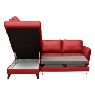- Canapé d'angle convertible en cuir italien de luxe 5 places FIGARI avec coffre, rouge, angle gauche (vu de face)