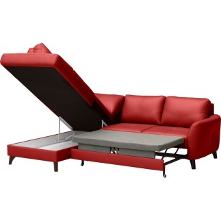 - Canapé d'angle convertible en cuir italien de luxe 5 places FIGARI avec coffre, rouge, angle gauche (vu de face)