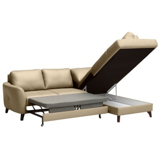 Canapé d'angle convertible en cuir italien de luxe 5 places FIGARI avec coffre, beige, angle droit (vu de face)