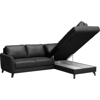 Canapé d'angle convertible en cuir italien de luxe 5 places FIGARI avec coffre, noir, angle droit (vu de face)