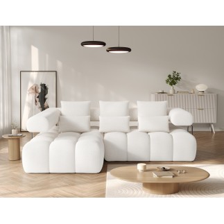 Canapé d'angle convertible en tissu bouclette blanc cassé luxe 5 places LEONI, angle gauche (vu de face)