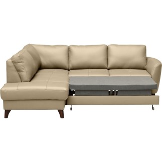 - Canapé d'angle convertible en cuir italien de luxe 5 places FIGARI avec coffre, beige, angle gauche (vu de face)