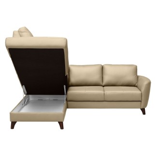 - Canapé d'angle convertible en cuir italien de luxe 5 places FIGARI avec coffre, beige, angle gauche (vu de face)