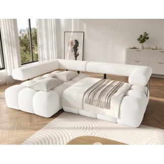 Canapé d'angle convertible en tissu bouclette blanc cassé luxe 5 places LEONI