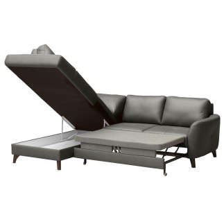 - Canapé d'angle convertible en cuir italien de luxe 5 places FIGARI avec coffre, gris foncé, angle gauche (vu de face)