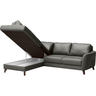 - Canapé d'angle convertible en cuir italien de luxe 5 places FIGARI avec coffre, gris foncé, angle gauche (vu de face)