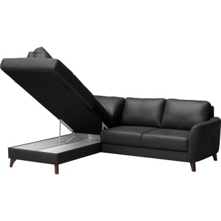 Canapé d'angle convertible en cuir italien de luxe 5 places FIGARI avec coffre, noir, angle gauche (vu de face)