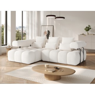 Canapé d'angle convertible en tissu bouclette blanc cassé luxe 5 places LEONI