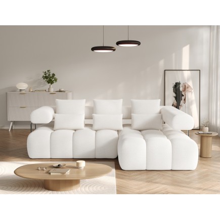 Canapé d'angle convertible en tissu bouclette blanc cassé 3-4 places LEONI, angle droit (vu de face)