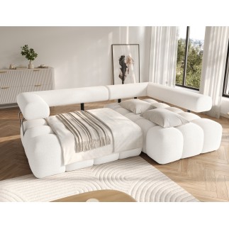 Canapé d'angle convertible en tissu bouclette blanc cassé 3-4 places LEONI