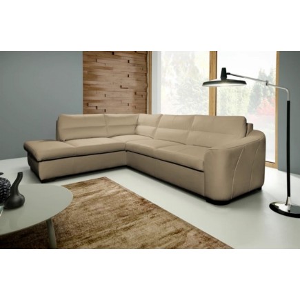 Canapé d'angle convertible en cuir italien de luxe 5 places RINALDI avec coffre, beige, angle gauche (vu de face)