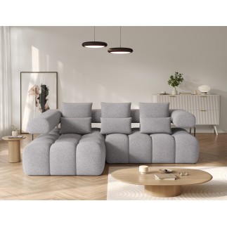 Canapé d'angle convertible en tissu très doux luxe gris 5 places LEONI, angle gauche (vu de face)