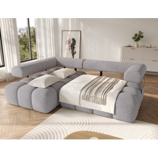 Canapé d'angle convertible en tissu très doux luxe gris 5 places LEONI