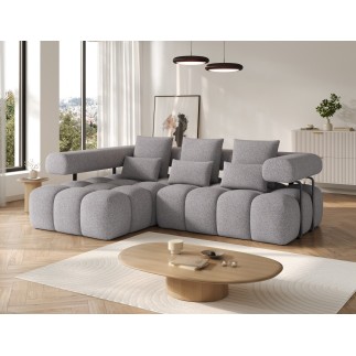 Canapé d'angle convertible en tissu très doux luxe gris 5 places LEONI