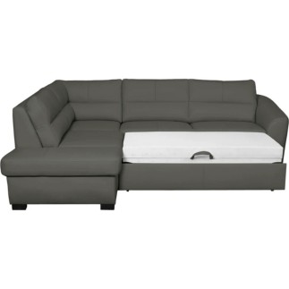 - Canapé d'angle convertible en cuir italien de luxe 5 places RINALDI avec coffre, gris foncé, angle gauche (vu de face)