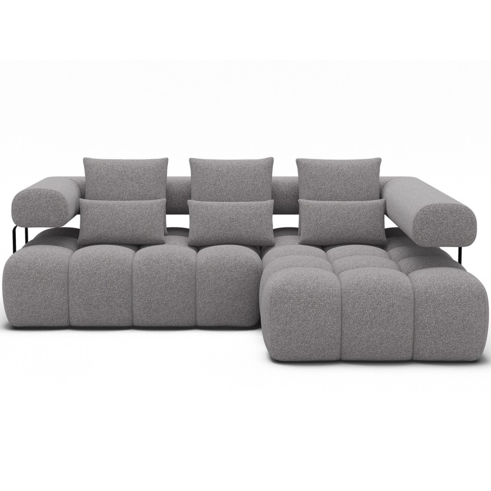 Canapé d'angle convertible en tissu très doux luxe gris 5 places LEONI, angle droit (vu de face) Canapé d'angle convertible en tissu très doux luxe gris 5 places LEONI, angle droit (vu de face)