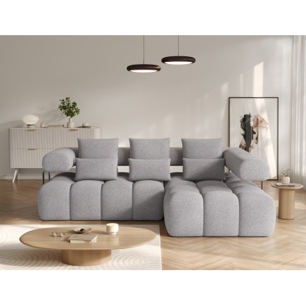 Canapé d'angle convertible en tissu très doux luxe gris 5 places LEONI, angle droit (vu de face)
