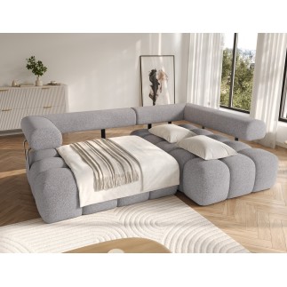 Canapé d'angle convertible en tissu très doux luxe gris 5 places LEONI