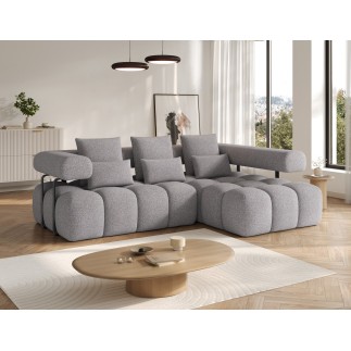 Canapé d'angle convertible en tissu très doux luxe gris 5 places LEONI