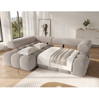 Canapé d'angle convertible en tissu bouclette beige luxe 5 places LEONI