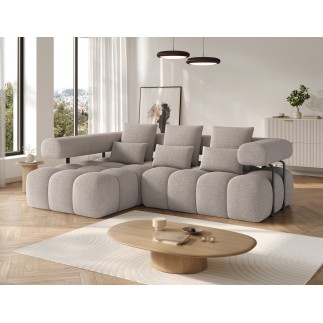 Canapé d'angle convertible en tissu bouclette beige luxe 5 places LEONI