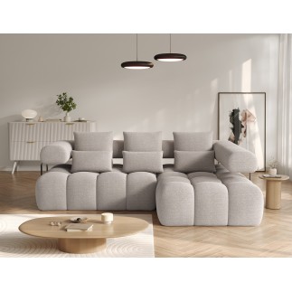 Canapé d'angle convertible en tissu bouclette beige luxe 5 places LEONI, angle droit (vu de face)