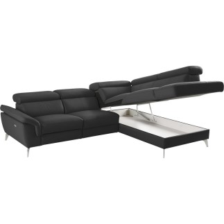 Canapé d'angle relax en 100% tout cuir de luxe italien avec relax électrique et coffre, 5/6 places SORENTO, noir, angle droit (v