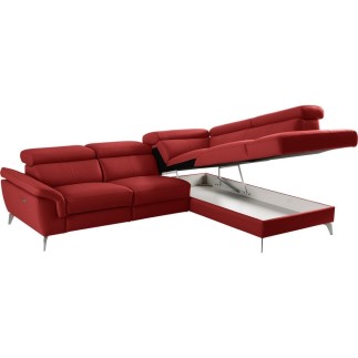 Canapé d'angle relax en 100% tout cuir de luxe italien avec relax électrique et coffre, 5/6 places SORENTO, rouge foncé, angle d