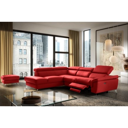 Canapé d'angle relax en 100% tout cuir de luxe italien avec relax électrique et coffre -, 5/6 places SORENTO, rouge foncé, angle