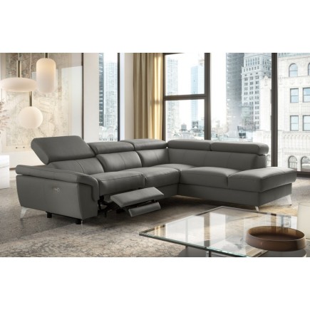 Canapé d'angle relax en 100% tout cuir de luxe italien avec relax électrique et coffre, 5/6 places SORENTO, gris foncé, angle dr