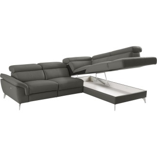 Canapé d'angle relax en 100% tout cuir de luxe italien avec relax électrique et coffre, 5/6 places SORENTO, gris foncé, angle dr