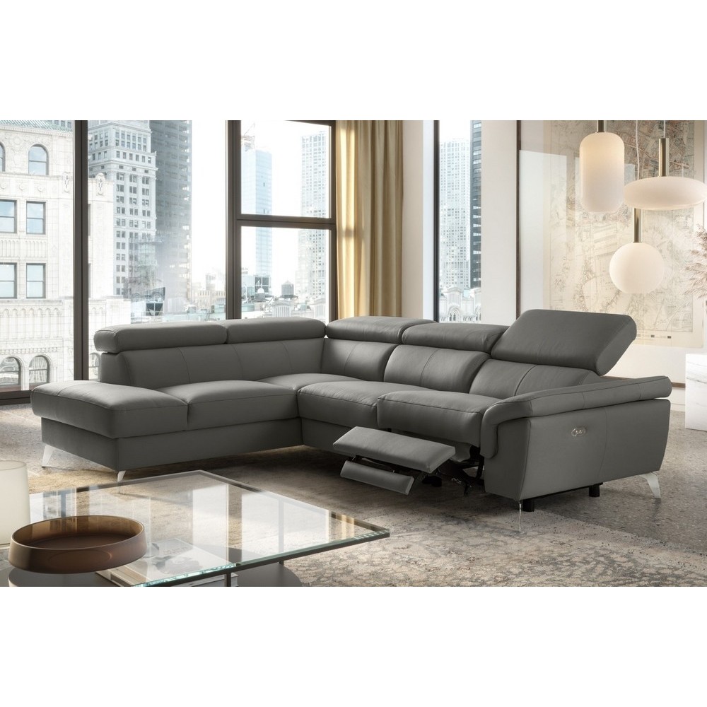 Canapé d'angle relax en 100% tout cuir de luxe italien avec relax électrique et coffre -, 5/6 places SORENTO, gris foncé, angle