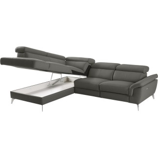 Canapé d'angle relax en 100% tout cuir de luxe italien avec relax électrique et coffre -, 5/6 places SORENTO, gris foncé, angle